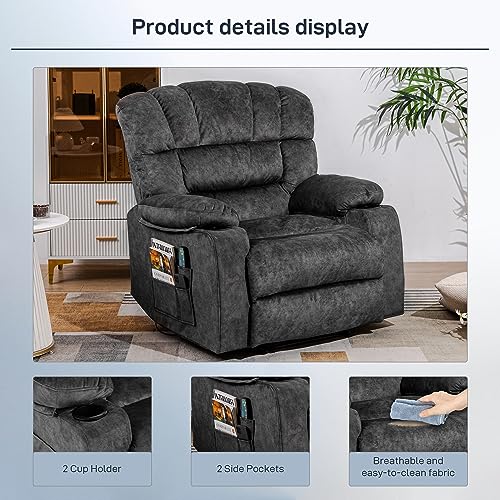 YI DANICA Recliner Chair Massage Heated Modern Ergonomic Lounge Single Sofa Seat Living Room Gravity Recliners Elastic Foam Filling 2 Cup Holders & Side Pocket