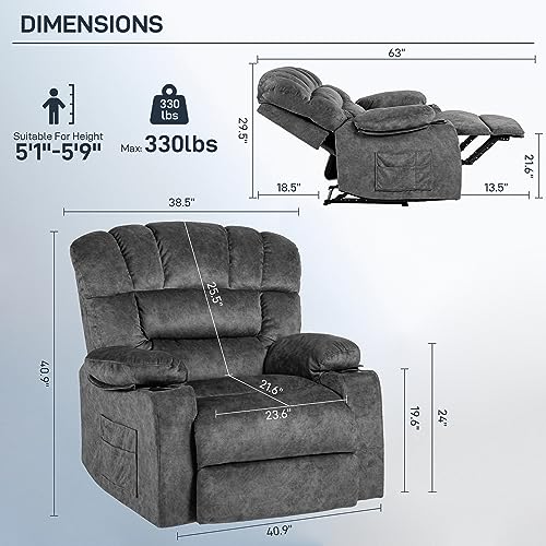 YI DANICA Recliner Chair Massage Heated Modern Ergonomic Lounge Single Sofa Seat Living Room Gravity Recliners Elastic Foam Filling 2 Cup Holders & Side Pocket