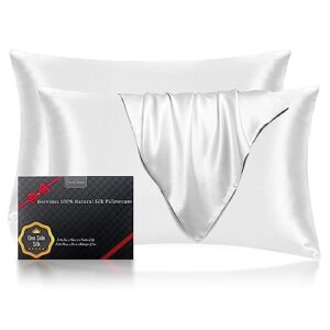 beevines silk pillowcase, 2 pack 100% mulberry silk pillow case for hair & skin, pure natural satin pillow cases with hidden zipper, cooling pillowcases for queen size (one side silk, pearl white)