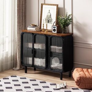 Aisurun 40.94" Modern Storage Cabinet Sideboard with 3 Glass Doors, Fir Top & 2 Tier Storage Shelves for Entryway Living Room Home Office Dining Room, Black+Brown