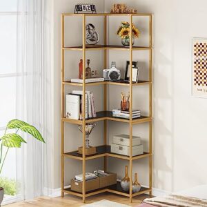 tribesigns 6-tier corner bookshelf, 70.9" tall modern l-shaped bookcase, large etagere stand storage display rack with gold metal frame & black faux marble top for living room, bedroom and home office