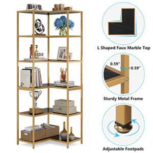 Tribesigns 6-Tier Corner Bookshelf, 70.9" Tall Modern L-Shaped Bookcase, Large Etagere Stand Storage Display Rack with Gold Metal Frame & Black Faux Marble Top for Living Room, Bedroom and Home Office