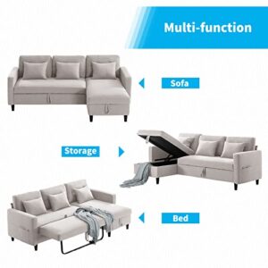 Horgaeo Pull Out Sofa Bed, Convertible Sleeper Sofa with 3 Free Cushions, L Shaped Sofa Couch with Storage Chaise, 4 Storable Pockets Linen Fabric Sectional Couch Bed for Living Room (Beige)