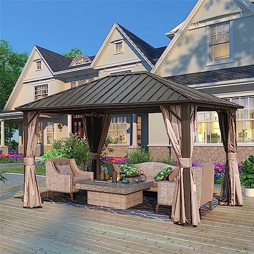 Evedy 10'x12' Outdoor Gazebo,Metal Gazebos with Netting & Curtains,Permanent Outdoor Galvanized Steel Roof Gazebo with Aluminum Frame,for Garden, Patios, Lawns, Parties(Dark Brown)