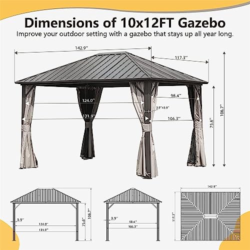 Evedy 10'x12' Outdoor Gazebo,Metal Gazebos with Netting & Curtains,Permanent Outdoor Galvanized Steel Roof Gazebo with Aluminum Frame,for Garden, Patios, Lawns, Parties(Dark Brown)