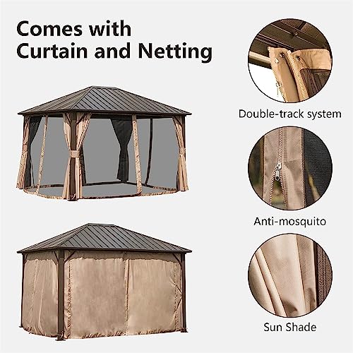 Evedy 10'x12' Outdoor Gazebo,Metal Gazebos with Netting & Curtains,Permanent Outdoor Galvanized Steel Roof Gazebo with Aluminum Frame,for Garden, Patios, Lawns, Parties(Dark Brown)