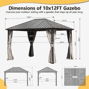 UBGO 10'x12' Outdoor Gazebo,Metal Gazebos with Netting & Curtains,Permanent Outdoor Galvanized Steel Roof Gazebo with Aluminum Frame,for Garden, Patios, Lawns, Parties(Dark Brown)