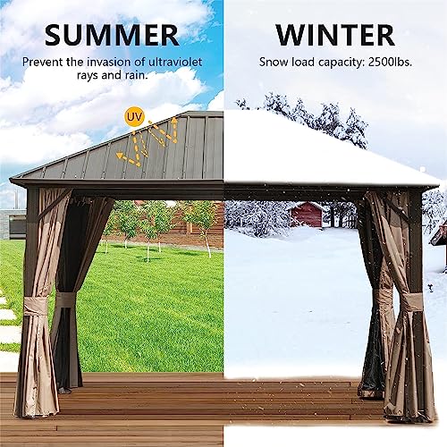 UBGO 10'x12' Outdoor Gazebo,Metal Gazebos with Netting & Curtains,Permanent Outdoor Galvanized Steel Roof Gazebo with Aluminum Frame,for Garden, Patios, Lawns, Parties(Dark Brown)