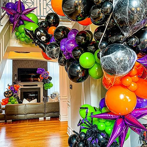 Bonropin 144pcs Halloween Balloon Garland Arch kit with Black Orange Green Purple Eyes Balloons, Bat Spider Boo Foil Balloons, Black Purple Explosion Star Foil Balloons for Halloween Party Decorations