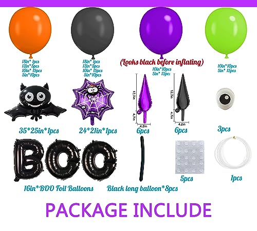 Bonropin 144pcs Halloween Balloon Garland Arch kit with Black Orange Green Purple Eyes Balloons, Bat Spider Boo Foil Balloons, Black Purple Explosion Star Foil Balloons for Halloween Party Decorations