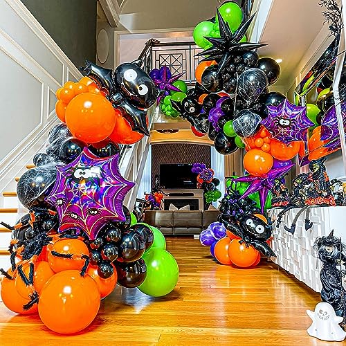 Bonropin 144pcs Halloween Balloon Garland Arch kit with Black Orange Green Purple Eyes Balloons, Bat Spider Boo Foil Balloons, Black Purple Explosion Star Foil Balloons for Halloween Party Decorations