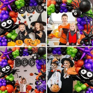 Bonropin 144pcs Halloween Balloon Garland Arch kit with Black Orange Green Purple Eyes Balloons, Bat Spider Boo Foil Balloons, Black Purple Explosion Star Foil Balloons for Halloween Party Decorations