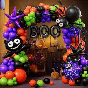 Bonropin 144pcs Halloween Balloon Garland Arch kit with Black Orange Green Purple Eyes Balloons, Bat Spider Boo Foil Balloons, Black Purple Explosion Star Foil Balloons for Halloween Party Decorations