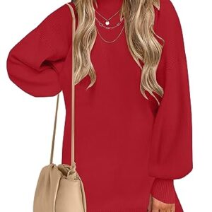 ZESICA Women's 2023 Fall Turtleneck Sweaters Dress Oversized Long Lantern Sleeve Casual Knit Pullover Short Dresses,Red,Small