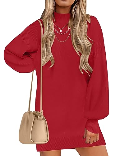 ZESICA Women's 2023 Fall Turtleneck Sweaters Dress Oversized Long Lantern Sleeve Casual Knit Pullover Short Dresses,Red,Small