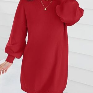 ZESICA Women's 2023 Fall Turtleneck Sweaters Dress Oversized Long Lantern Sleeve Casual Knit Pullover Short Dresses,Red,Small