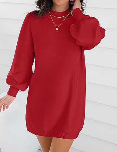 ZESICA Women's 2023 Fall Turtleneck Sweaters Dress Oversized Long Lantern Sleeve Casual Knit Pullover Short Dresses,Red,Small