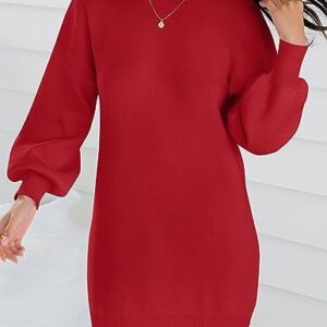 ZESICA Women's 2023 Fall Turtleneck Sweaters Dress Oversized Long Lantern Sleeve Casual Knit Pullover Short Dresses,Red,Small