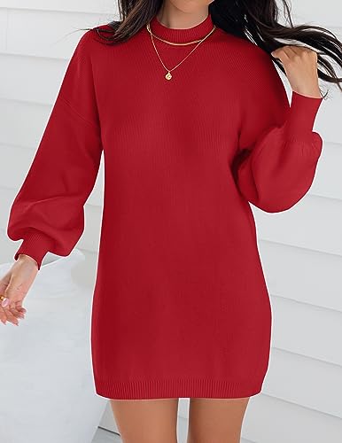 ZESICA Women's 2023 Fall Turtleneck Sweaters Dress Oversized Long Lantern Sleeve Casual Knit Pullover Short Dresses,Red,Small