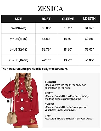 ZESICA Women's 2023 Fall Turtleneck Sweaters Dress Oversized Long Lantern Sleeve Casual Knit Pullover Short Dresses,Red,Small