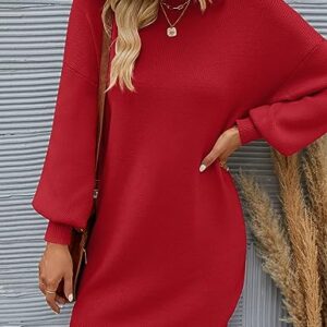 ZESICA Women's 2023 Fall Turtleneck Sweaters Dress Oversized Long Lantern Sleeve Casual Knit Pullover Short Dresses,Red,Small