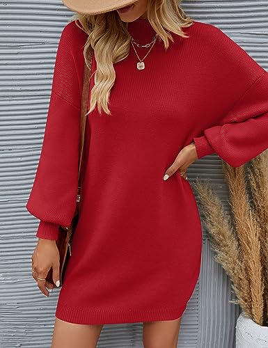 ZESICA Women's 2023 Fall Turtleneck Sweaters Dress Oversized Long Lantern Sleeve Casual Knit Pullover Short Dresses,Red,Small