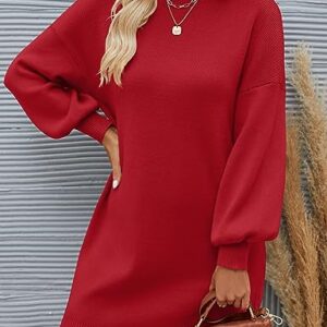 ZESICA Women's 2023 Fall Turtleneck Sweaters Dress Oversized Long Lantern Sleeve Casual Knit Pullover Short Dresses,Red,Small