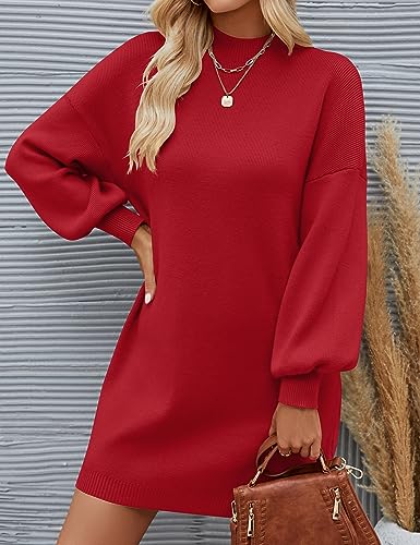 ZESICA Women's 2023 Fall Turtleneck Sweaters Dress Oversized Long Lantern Sleeve Casual Knit Pullover Short Dresses,Red,Small