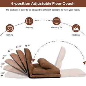 GOFLAME Convertible Floor Sofa, 6-Position Floor Couch with 2 Removable Pillows & Thick Sponge Cushion, Floor Cushion Couch, Load 330LBS, Adjustable Lazy Floor Sofa Bed for Living Room Bedroom (Brown)