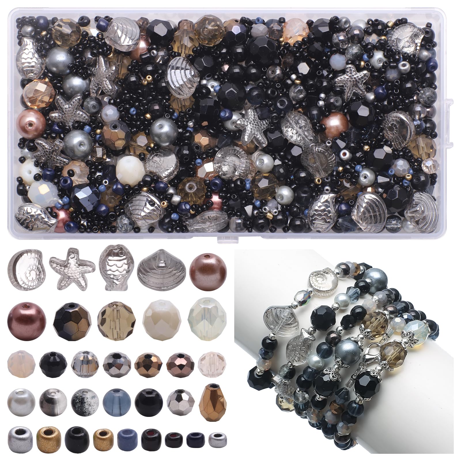 KINGSHINE 870pcs Assorted Crystal Jewelry Beads Drilled Gemstone Loose Beads Clear Crystal Glass Beads for Crafts Faceted Shiny Bead for Jewelry Making DIY Necklace Bracelet Earring Kit (Black Color)