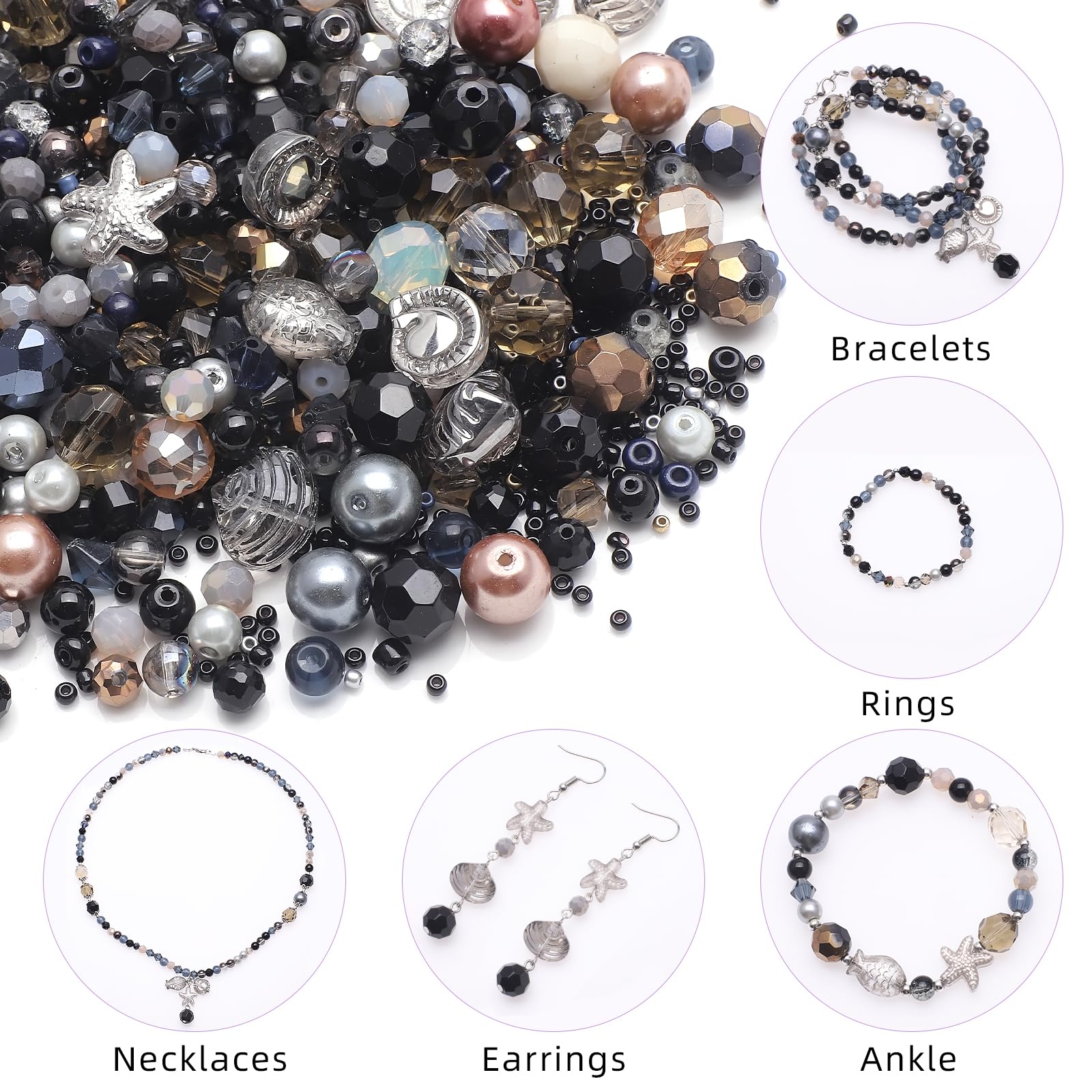 KINGSHINE 870pcs Assorted Crystal Jewelry Beads Drilled Gemstone Loose Beads Clear Crystal Glass Beads for Crafts Faceted Shiny Bead for Jewelry Making DIY Necklace Bracelet Earring Kit (Black Color)