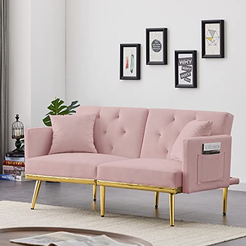 60" Convertible Velvet Futon Sofa Bed, Sleeper Sofa Couch with 2 Pillows and Adjustable Backrest, Modern Loveseat with Side Storage Pockets for Living Room, Bedroom (Pink)