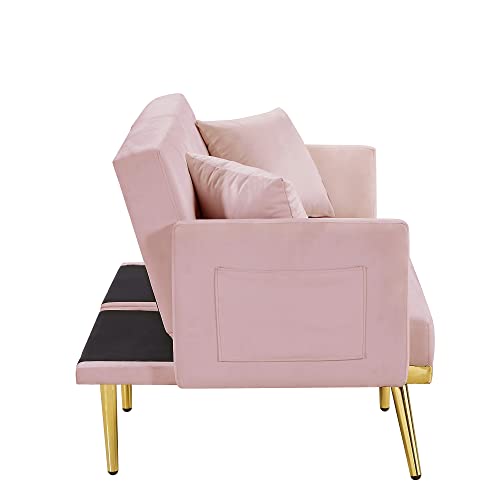 60" Convertible Velvet Futon Sofa Bed, Sleeper Sofa Couch with 2 Pillows and Adjustable Backrest, Modern Loveseat with Side Storage Pockets for Living Room, Bedroom (Pink)