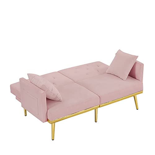 60" Convertible Velvet Futon Sofa Bed, Sleeper Sofa Couch with 2 Pillows and Adjustable Backrest, Modern Loveseat with Side Storage Pockets for Living Room, Bedroom (Pink)