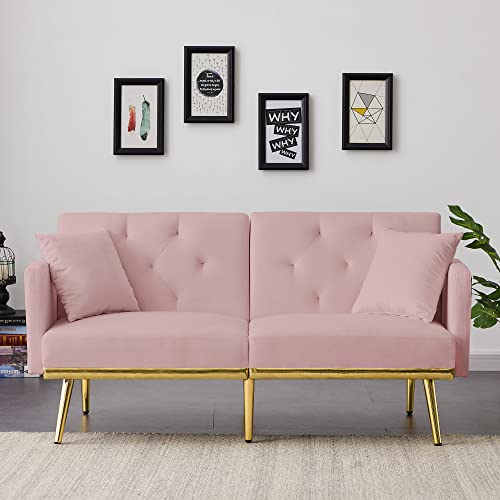 60" Convertible Velvet Futon Sofa Bed, Sleeper Sofa Couch with 2 Pillows and Adjustable Backrest, Modern Loveseat with Side Storage Pockets for Living Room, Bedroom (Pink)