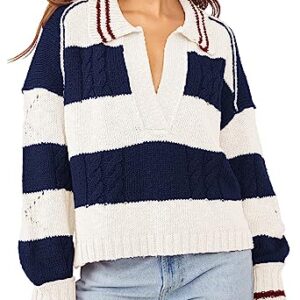 Meenew Women's Baggy Loose Knit Sweater Plunge V Neck Long Sleeve Fashion Loose Crop Tops Dark Blue S