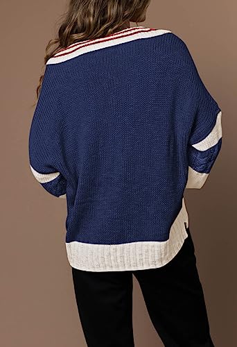 Meenew Women's Baggy Loose Knit Sweater Plunge V Neck Long Sleeve Fashion Loose Crop Tops Dark Blue S