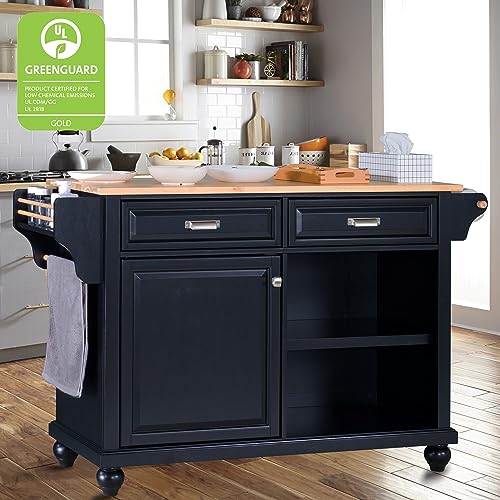 Rolling Kitchen Island Cart with 5 Universal Wheels and 5 Solid Wood Cabinet Feet,Greenguard Gold Certified,Kitchen Island with Rubberwood Drop Leaf-Mobile Kitchen Island with Storage and Drawer,Black