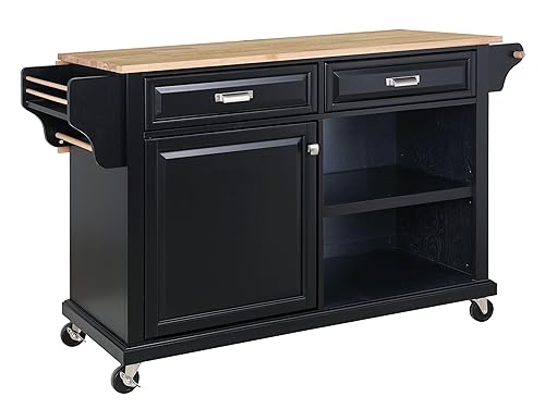 Rolling Kitchen Island Cart with 5 Universal Wheels and 5 Solid Wood Cabinet Feet,Greenguard Gold Certified,Kitchen Island with Rubberwood Drop Leaf-Mobile Kitchen Island with Storage and Drawer,Black