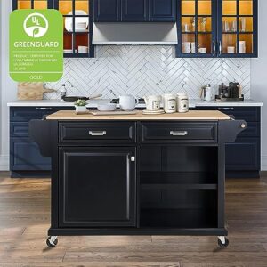 Rolling Kitchen Island Cart with 5 Universal Wheels and 5 Solid Wood Cabinet Feet,Greenguard Gold Certified,Kitchen Island with Rubberwood Drop Leaf-Mobile Kitchen Island with Storage and Drawer,Black