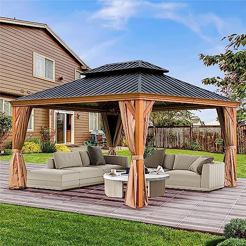 DHPM Gazebo with Galvanized Steel Roof, Double Roof Hardtop Gazebo with Anti-Rust Coating, Outdoor Gazebo with Curtains and Netting, Sunshade for Gardens, Lawns, Deck (12x 14FT)