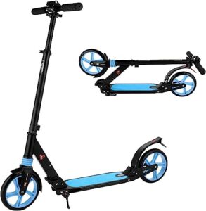 scooter for kids ages 8-12, folding scooter for teens/adults with 4 adjustment levels, big 8" wheels scooter with anti-shock suspension and carry strap, adult scooter up to 220lbs, azure