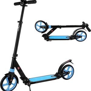 Scooter for Kids Ages 8-12, Folding Scooter for Teens/Adults with 4 Adjustment Levels, Big 8" Wheels Scooter with Anti-Shock Suspension and Carry Strap, Adult Scooter up to 220lbs, Azure