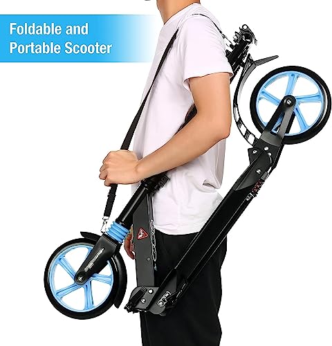 Scooter for Kids Ages 8-12, Folding Scooter for Teens/Adults with 4 Adjustment Levels, Big 8" Wheels Scooter with Anti-Shock Suspension and Carry Strap, Adult Scooter up to 220lbs, Azure