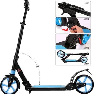 Scooter for Kids Ages 8-12, Folding Scooter for Teens/Adults with 4 Adjustment Levels, Big 8" Wheels Scooter with Anti-Shock Suspension and Carry Strap, Adult Scooter up to 220lbs, Azure