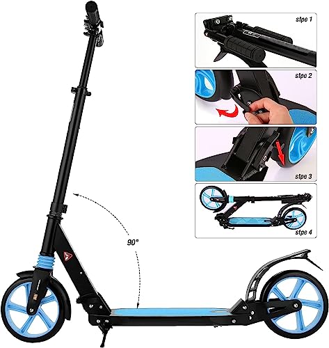 Scooter for Kids Ages 8-12, Folding Scooter for Teens/Adults with 4 Adjustment Levels, Big 8" Wheels Scooter with Anti-Shock Suspension and Carry Strap, Adult Scooter up to 220lbs, Azure