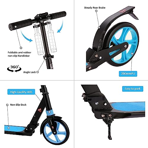 Scooter for Kids Ages 8-12, Folding Scooter for Teens/Adults with 4 Adjustment Levels, Big 8" Wheels Scooter with Anti-Shock Suspension and Carry Strap, Adult Scooter up to 220lbs, Azure