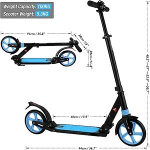 Scooter for Kids Ages 8-12, Folding Scooter for Teens/Adults with 4 Adjustment Levels, Big 8" Wheels Scooter with Anti-Shock Suspension and Carry Strap, Adult Scooter up to 220lbs, Azure