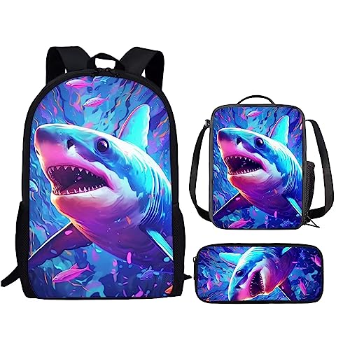 PinUp Angel Purple Aqua Shark School Backpack for Middle School Boys Bookbag With Lunch Bag and Pencil Bag, Animals Schoolbag Rucksack Preschool Back Packs Shoulder Bags for Teens Women