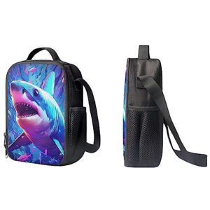 PinUp Angel Purple Aqua Shark School Backpack for Middle School Boys Bookbag With Lunch Bag and Pencil Bag, Animals Schoolbag Rucksack Preschool Back Packs Shoulder Bags for Teens Women